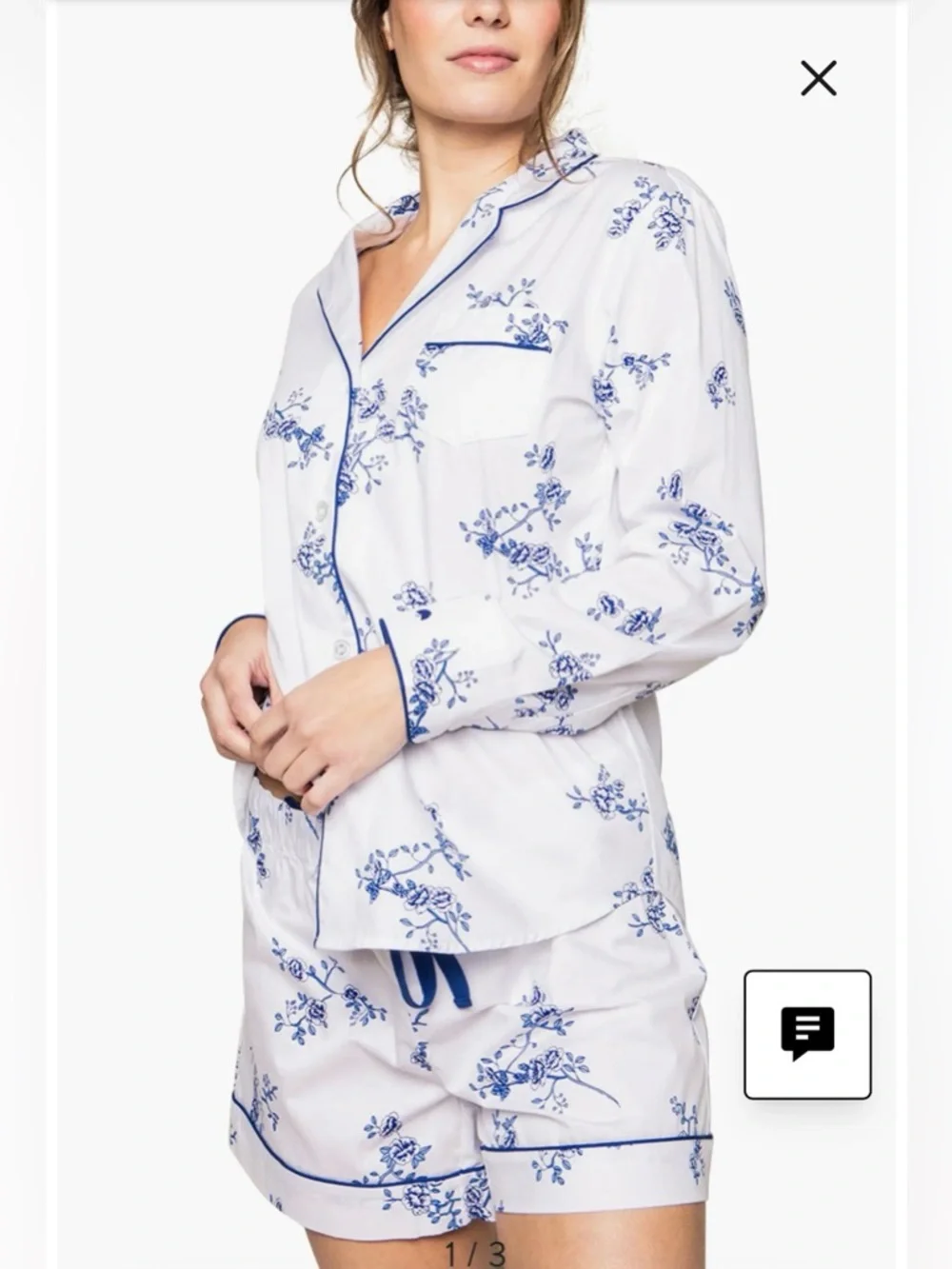 Petite Plume Indigo Blue Floral Short Pajamas Button Front Top Set Size XS